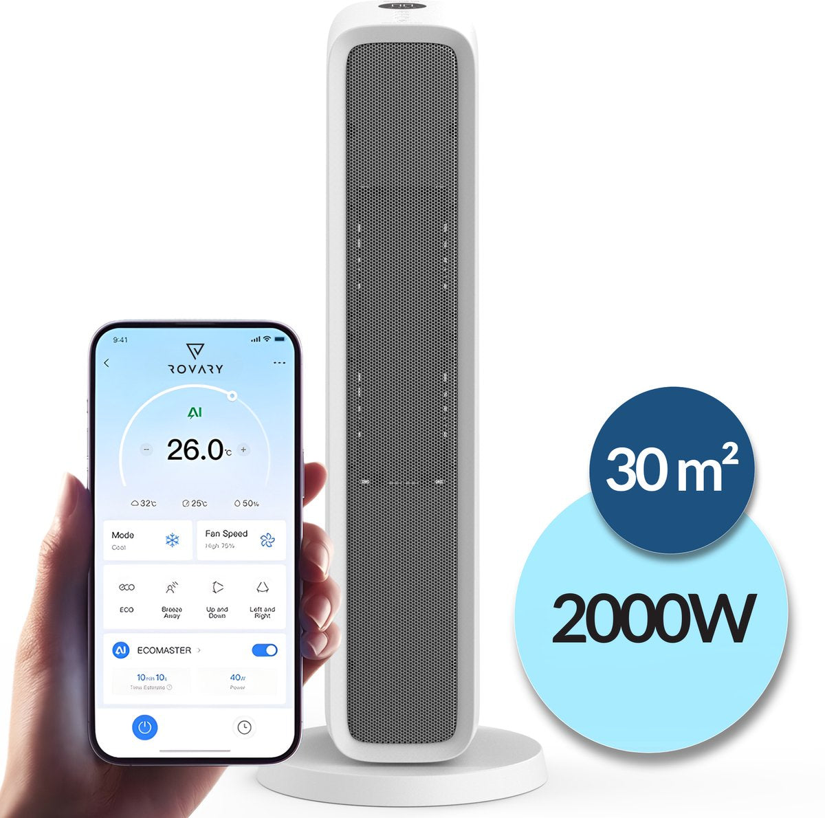 Rovary™ slimme toren heater 2000W 62cm