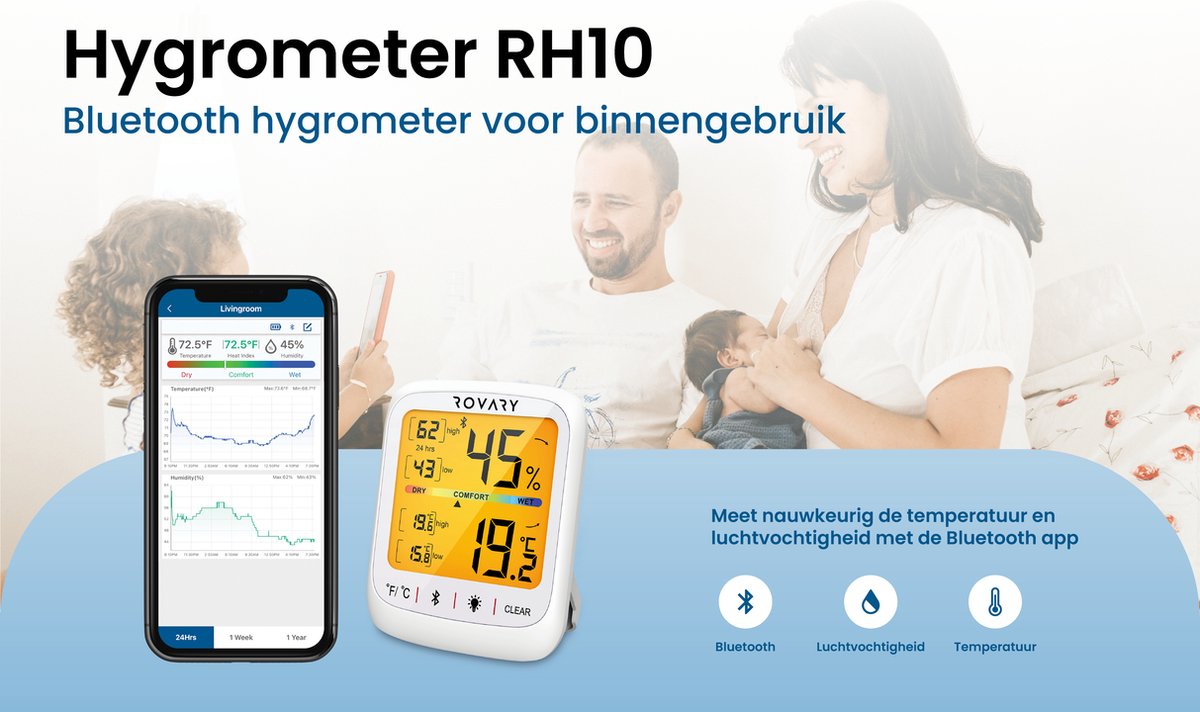 Rovary RH10 Hygrometer met App - luchtvochtigheidsmeter