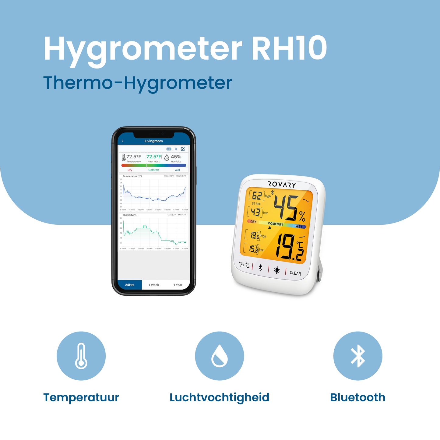 Rovary Hygrometer met App RH10- Luchtvochtigheidsmeter